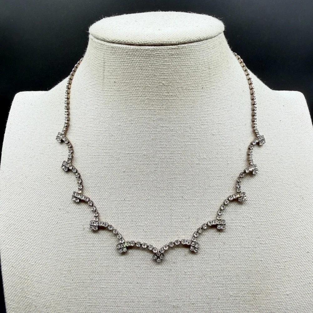 Clear Rhinestone Scalloped Choker Necklace Silver Tone Bridal Wedding Statement